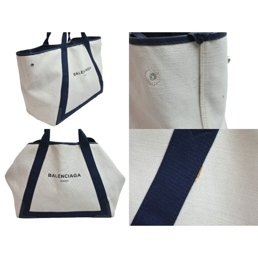 Balenciaga Bag Leather Blue Canvas Cabas Navy Tan Beige Tote - Picture 4 of 9